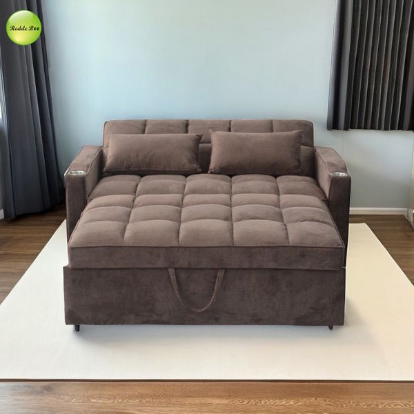 Elegant Velvet Fabric Sofa Bed with USB Charger & Cup Holder 2 Seater Living Room Sofa Convertible Sleeping Pull Out Sofa Bed