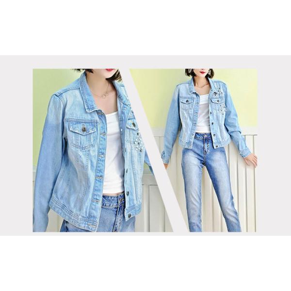 Blue Washed Ripped Ladies Fitted Denim Jacket With Pearls Slim Fit Style