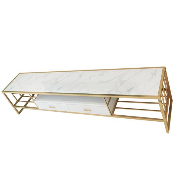 Luxury Gold Marble Top TV Stand Stainless Steel Frame Long Bench