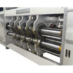 380V/50HZ/3PH Pressure Free Corrugated Cardboard G6-1224 Feed Structure Lead Edge Vacuum Transfer 4 Color Printer + Slotter + Die Cutter + Vibrator + Stacker