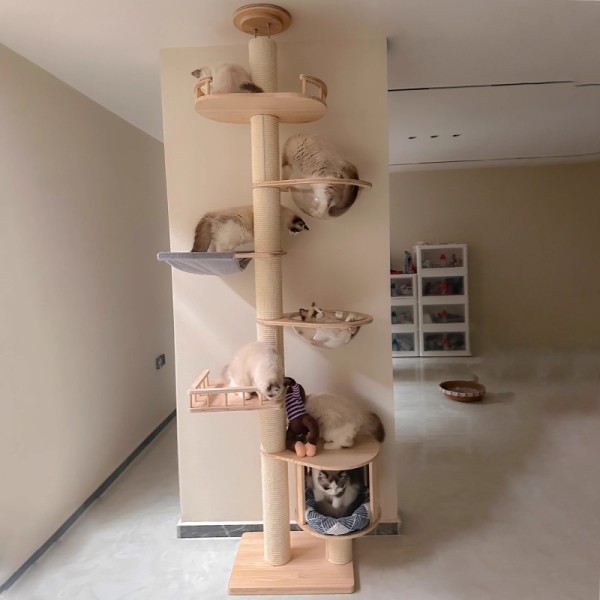 Floor-to-Ceiling Modern Luxury Sisal Wood Adjustable Durable Cat Climbing Frame Jumping Platform Cat Tree Condo Furniture Carton