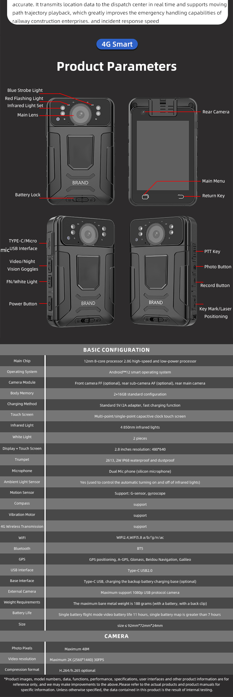 4G 2K HD Body Worn Camera Dual Cameras Support Wifi&Bluetooth and GPS with 2.8'' Touch Screen IP68 Waterproof Recorder Cameras
