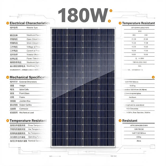 Waterproof IP67 180‑190W Monocrystalline Solar Panel For Garden Light & Security Camera Power