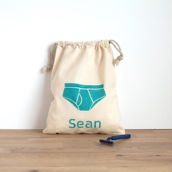 Underwear bag - hand printed customised text in blue on cotton bag -