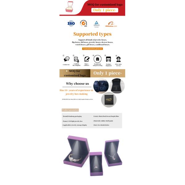 Custom Logo Rectangle Purple LED Jewelry Box for and Retail in Rectangle Shape