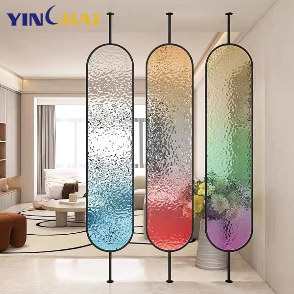 Luxury Rotatable Oval Glass Room Divider Stainless Steel Frame And Colored Glass Screen