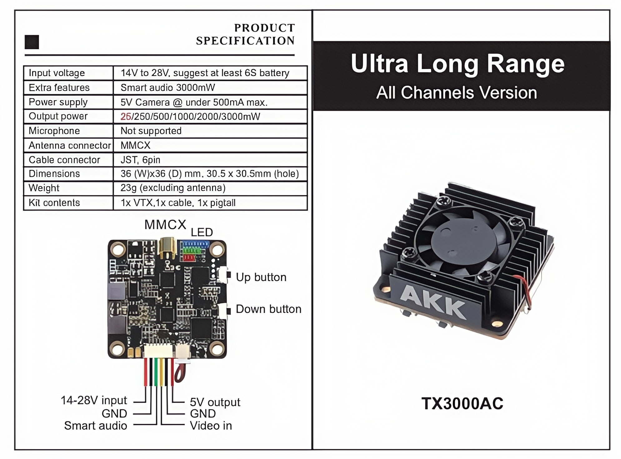 AKK 5.8G 3W Ultra RC FPV VTX 3000mW 80CH Дополнительные устройства для беспилотных летательных аппаратов с дальнобойной передачей видео