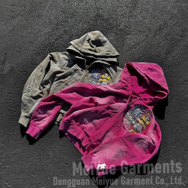 OEM ODM Service Custom Rhinestone Hoodie Streetwear Men Acid Washed 2 Way Zipper Hoodie