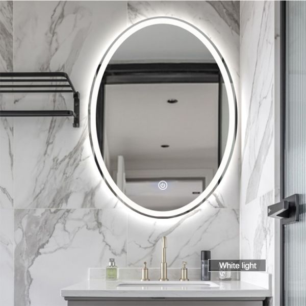 Front Lighted And Backlit Wall Mounted Round Silver Bathroom Mirror With Touch Screen