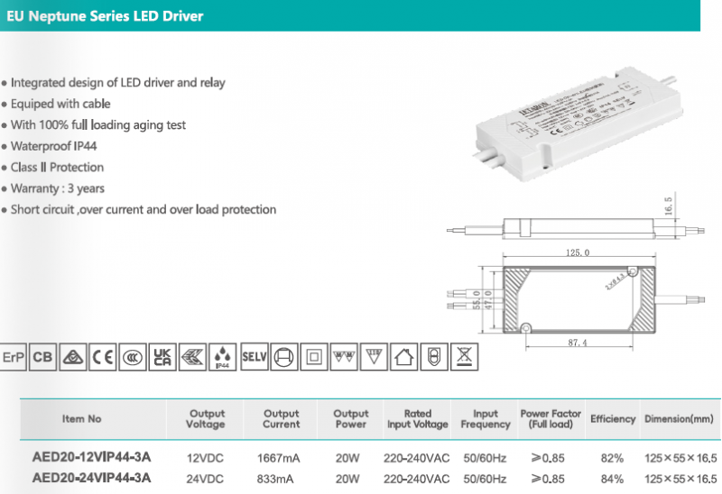 Letaron Ultra Slim LED Driver IP44 20W 12V for Bathroom Mirror LED Light