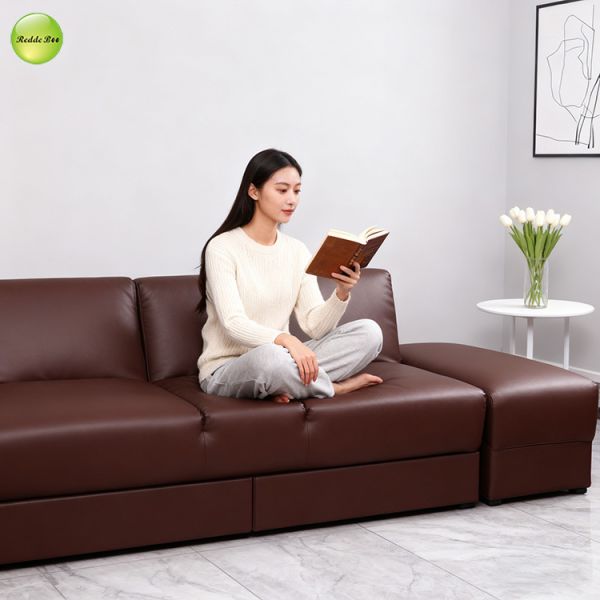 Minimalist PU Leather Foldable Sofa Bed With Drawer Storage & Cup Holder 3 Seater Living Room Sofa Convertible Sleeping Cum Bed