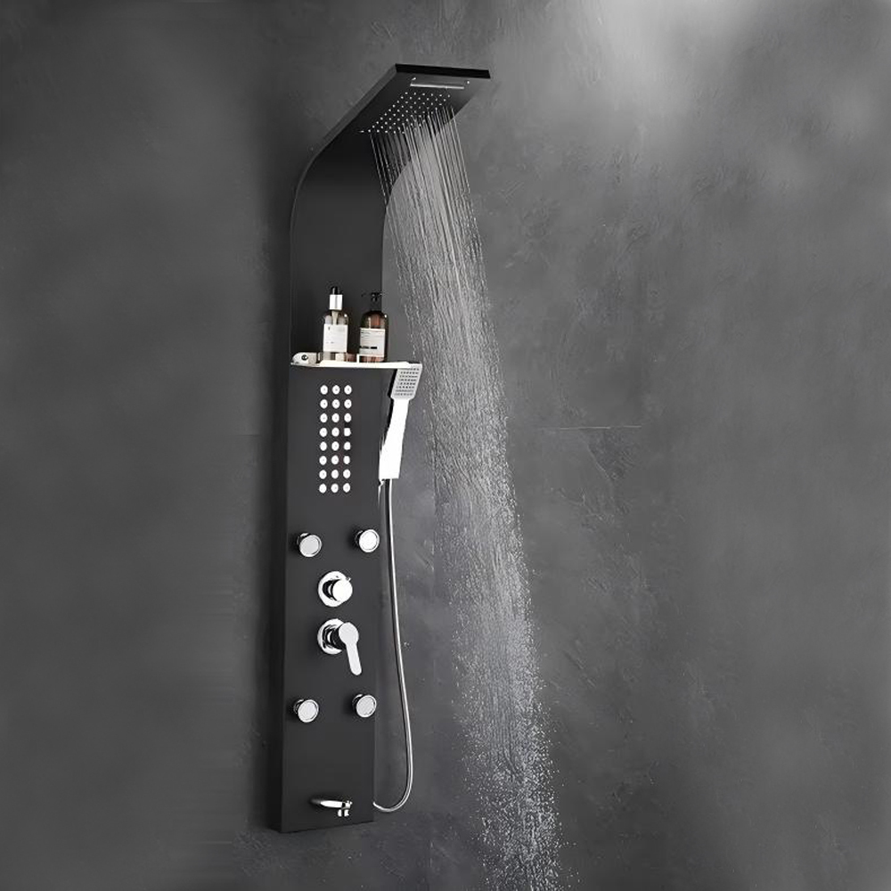Modern Stainless Steel Luxury Bathroom Shower Panel 304 Rainfall Showerhead Handheld Spray Matte Black Surface with Backside massage function