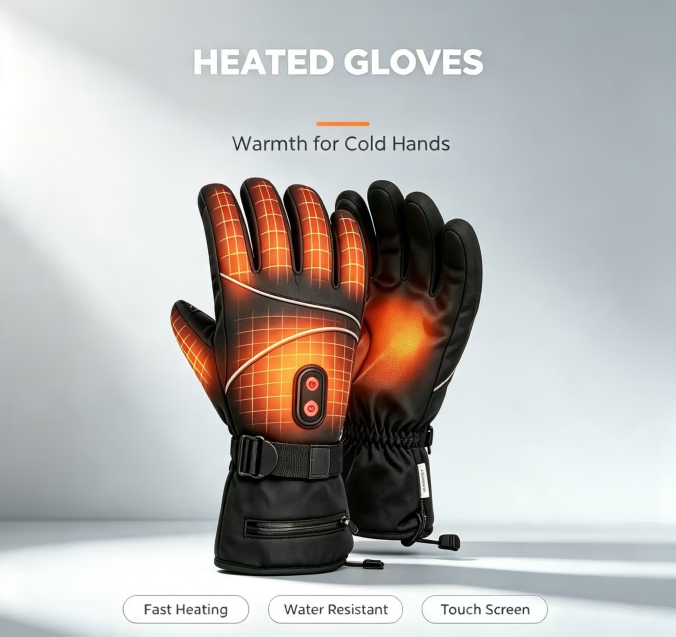 Touchable screen graphene heated hand warmer, durable and adjustable temperature waterproof, windproof, snow proof electric gloves