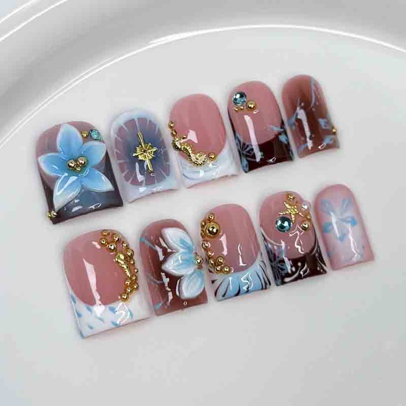Wholesale Medium Square Fake Nails Handmade Fake Nails Ocean 3D Floral Starfish Decor