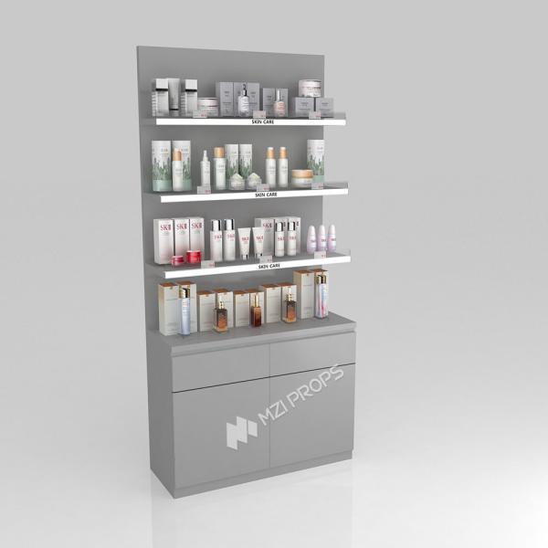 Makeup Display Stand Grey Wooden Simple Counter For Fashion-Forward Store Decoration And Compact Shop Stand