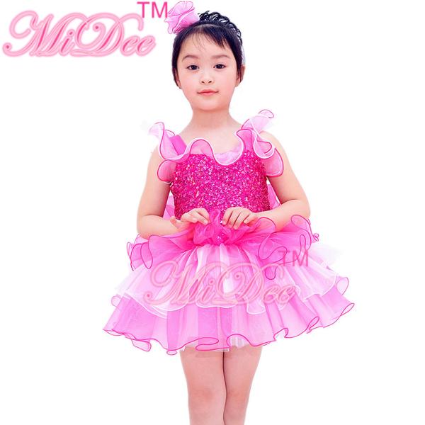 White And Cerise Two Tones Ruffle Tiers Skirt Leotard Under Back Waist Big Bow Dance Competition Costumes