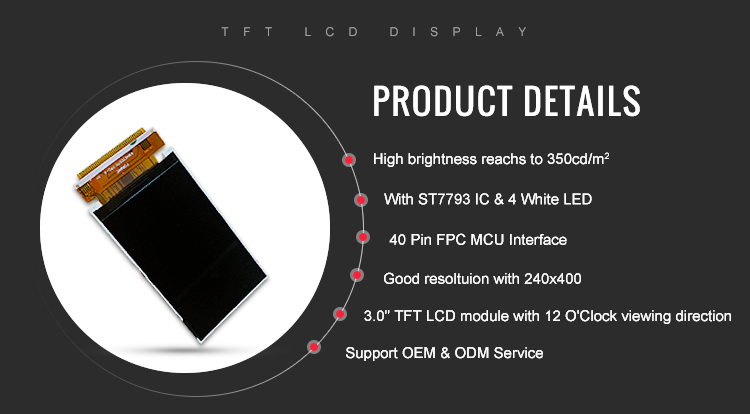 240x400 WQVGA TFT LCD Capacitive Touchscreen MCU 3 Inch With 40Pin Soldering FPC