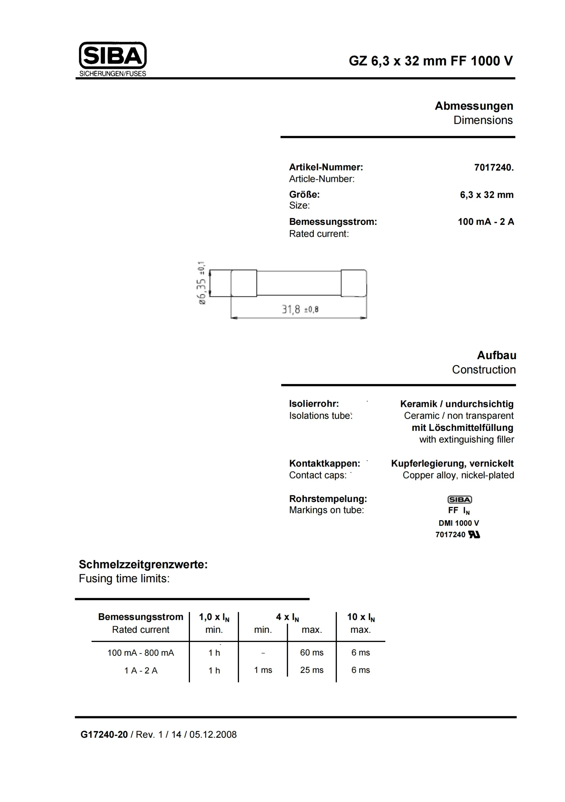 FF1000mA / 1000V  FF1A / 1000V SIBA DMI FUSE