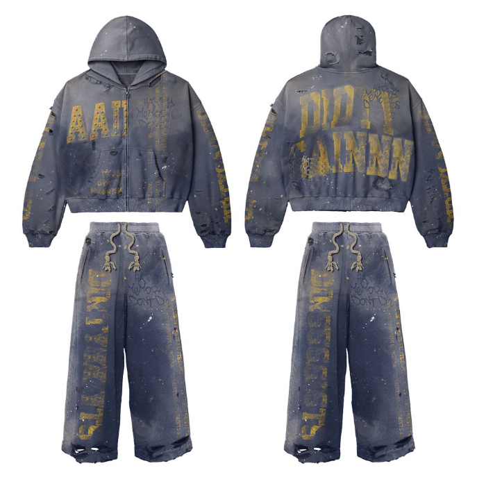 Mingarment Vintage Distressed Tracksuit | Men's Acid Wash Splatter Print Rivet Zip Up Hoodie & Wide Leg Sweatpants 2 Piece Streetwear Set, OEM Custom Bulk Apparel