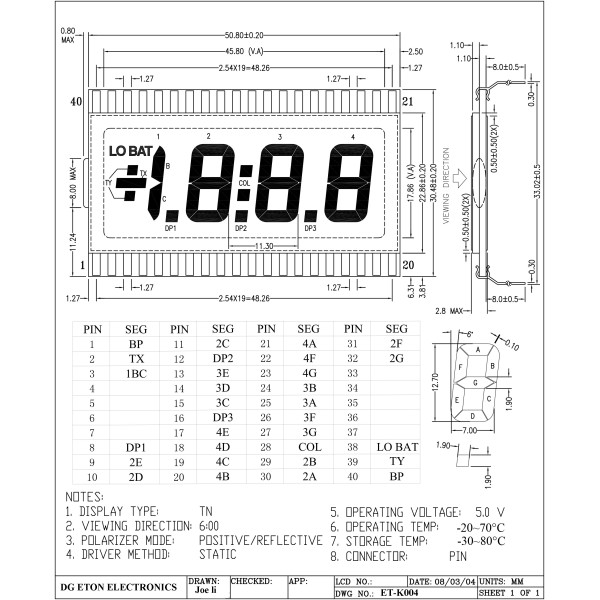 Character LCD Display Module Reflective 7-Segment TN - Twisted Nematic 50.80mm x 30.48mm x 2.80mm