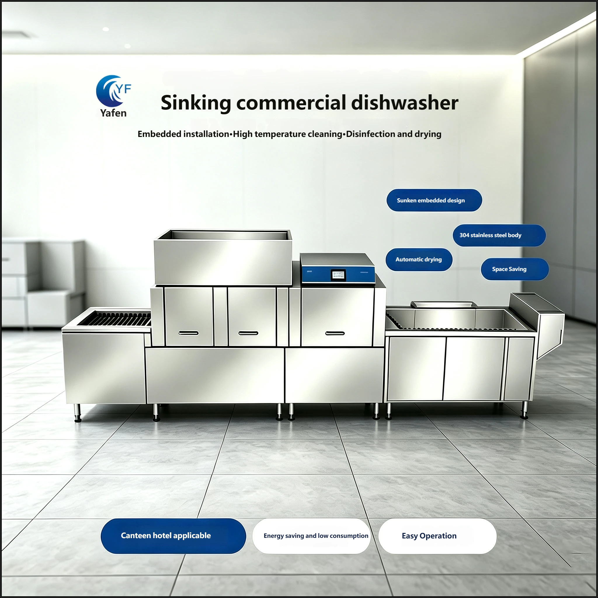 Flight‑type dishwasher.Automatic Hood Type Commercial Dishwasher Freestanding Industrial Dish Washer High‑Temp Rinse for Catering Kitchen