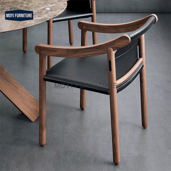 Modern Simple Design Leisure Chair Featuring Solid Wood Frame Comfy Sponge Saddle Leather Armrest Dining Chair for Hotel