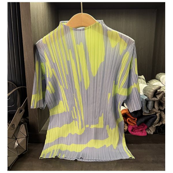 Women's Summer Two-Piece Casual Suit Color-Blocked Printed Pleated Stand-Up Collar Short-Sleeved T-Shirt Loose New Slimming Look