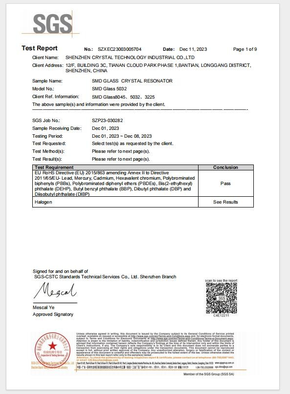 Shenzhen Crystal Technology Industrial Co., Ltd. Сертификации