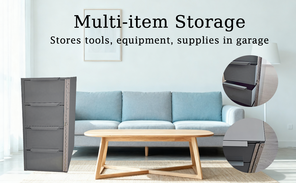 4 Drawer Welded Steel Vertical File Cabinet Gray Security Lock Adjustable Inner Divider Office Garage Storage Chest