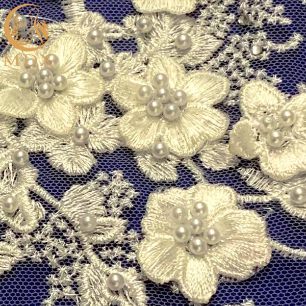 White 3D Applique Embroidery Beaded Lace Fabric For Bridal Dress