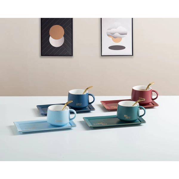 Unique Luxury Breakfast Ceramic Coffee Cup With Square Saucer And Spoon