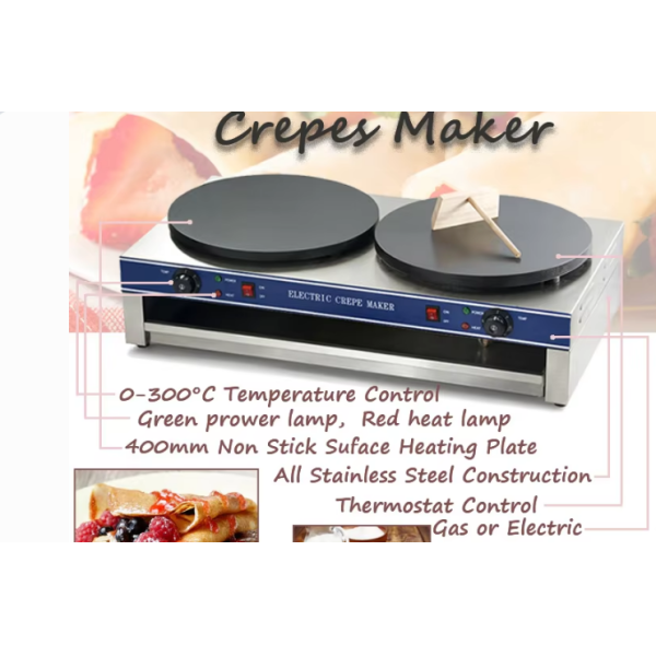 Commercial Electric Crepe Maker with Stainless Steel Construction, 400mm Non-Stick Heating Plate, and Adjustable Thermostat Control
