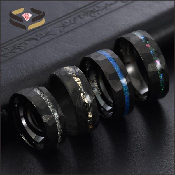 Anneaux de mariage en tungstène noir facetté pour hommes 8 mm avec incrustation de type perle et incrustation d'opale Galaxy