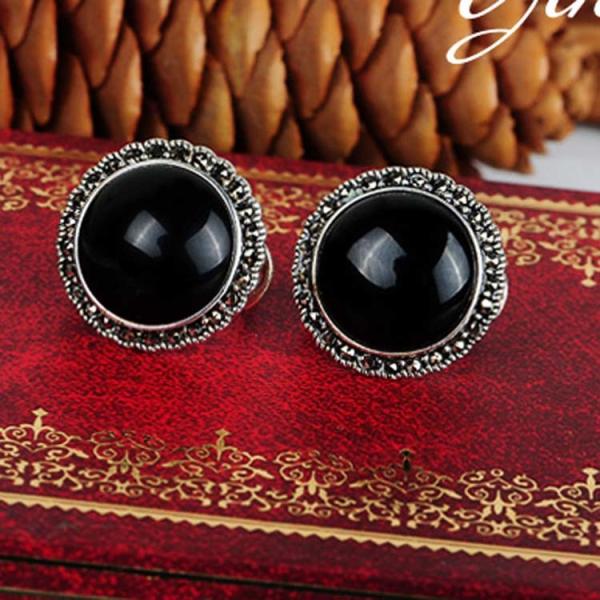 Thai Silver Jewelry 18mm Black Onyx with Marcasite Vintage Earrings (E11066)