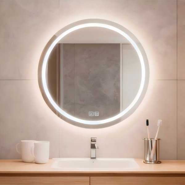 Modern frameless Round Bathroom Smart Mirror with LED Light - Anti-Fog Illuminated Vanity Makeup Mirror for Bathroom