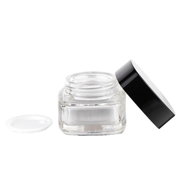 Eco - Friendly Glass Cosmetic Cream Jar Square Shape Clear Body Black Lid
