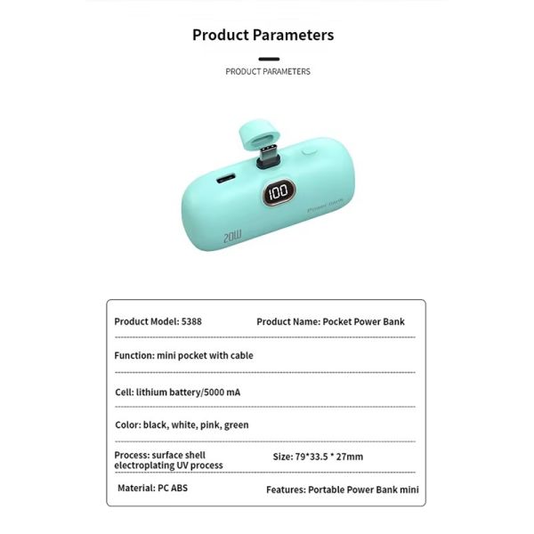 Mini Cordless Power Bank 5000mAh 20W PD Type C Fast Charging Capsule Portable Charger