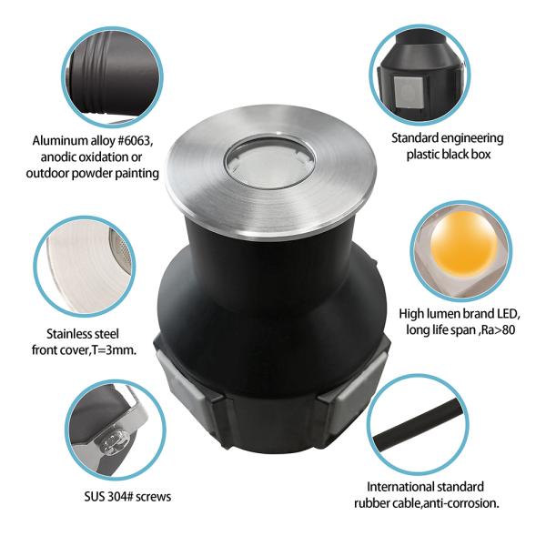 3W IP67 Recessed Round Deck Light 316 Stainless Steel LED Underground Lamp