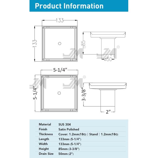 Stainless Steel 304 Shower Floor Drain Square Shape With Satin Polished Finish
