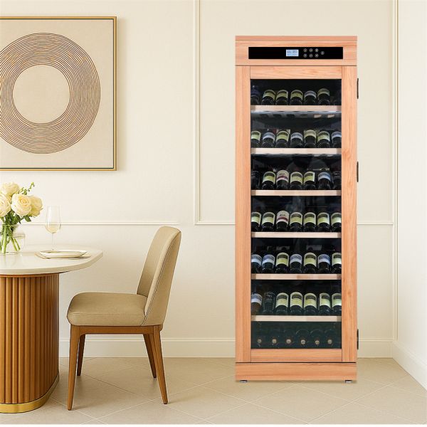 Durable Wooden Wine Cooler Cabinet with Natural Oak Finish and Horizontal Bottle Storage