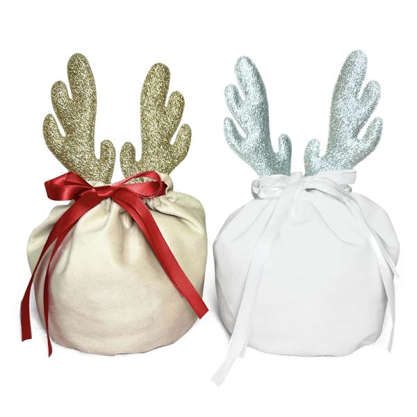 Customized DIY Drawstring Velet Sublimation Blank Christmas Gift Bags With Deer Ear Reusable Pouch For Candy