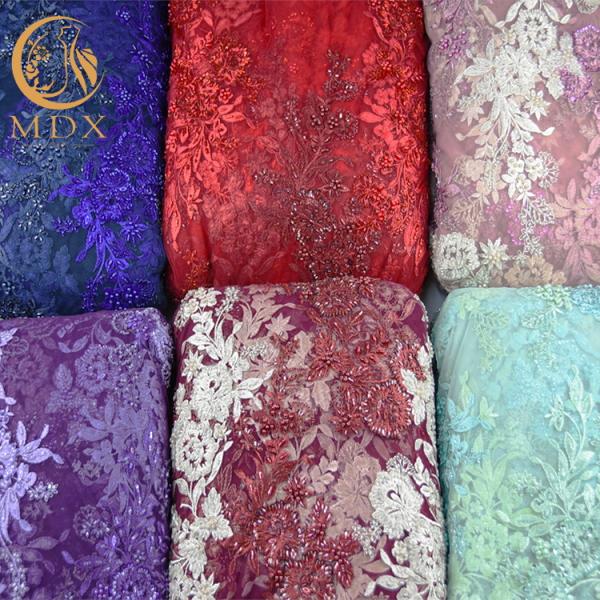 OEM Handwork Purple Beaded French Lace Fabric Embroidered