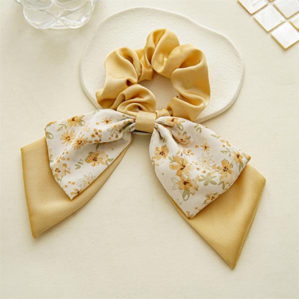 Floral double bow scrunchie girls lady rubber band high appearance horizontal tie hair rope streamer headstring