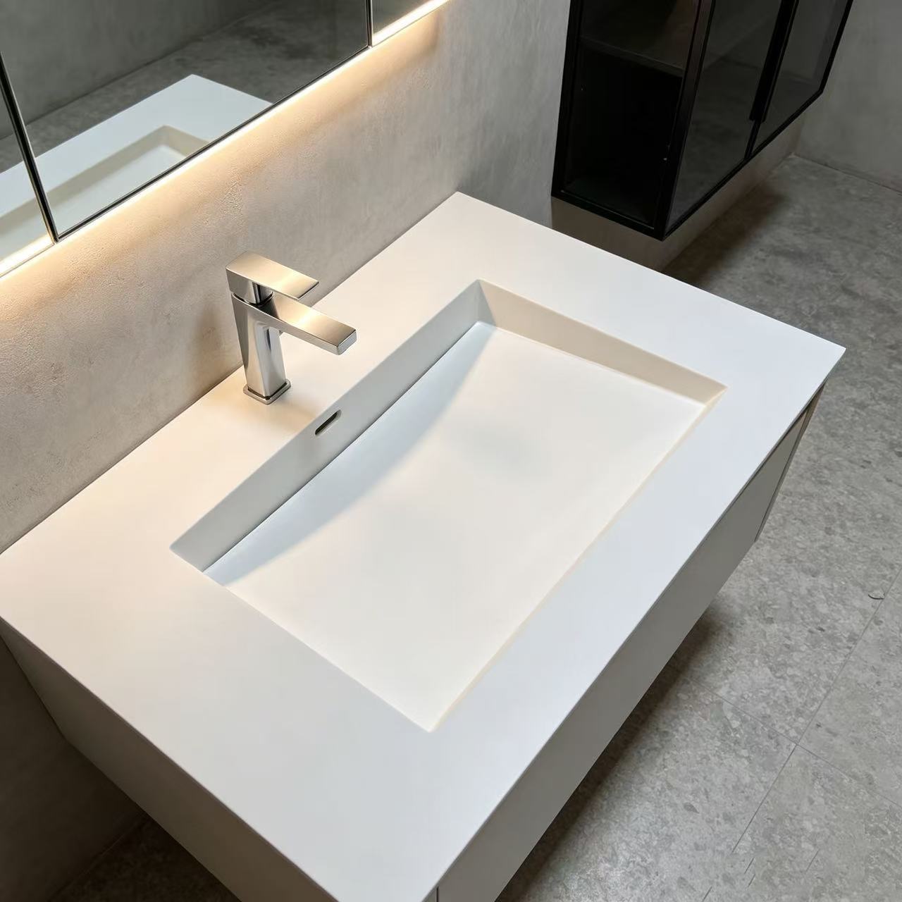 SOLID SURFACE RECESSED RECTANGLE INTEGRATED VANITY BASIN,SOLID SURFACE RECESSED SINK, RECTANGULAR INTEGRATED VANITY BASIN, SEAMLESS ARTIFICIAL STONE COUNTER SINK,