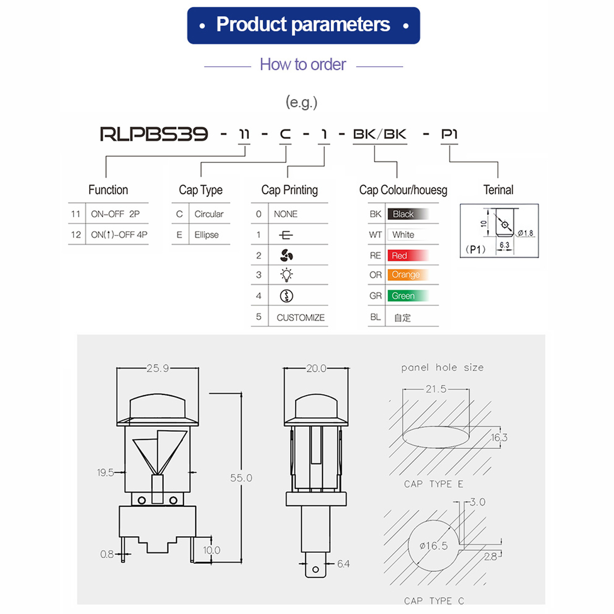 Panel Mount Push Button Switch with LED Light and 100,000 Cycles Mechanical Life