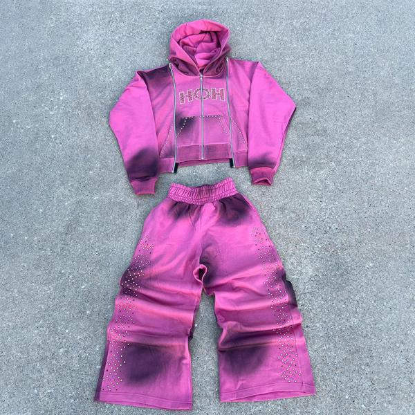 OEM Manufacturer Custom Rhinestone Zip up Hoodie Three Zippers Acid Washed Tracksuits Dirty Sweatpants and Hoodie Sets