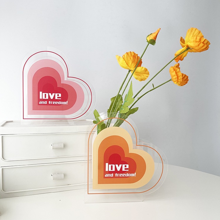 Modern Custom Red Acrylic Heart Vase Rectangle Design for Coffee Table Wedding Gift Injection Technics