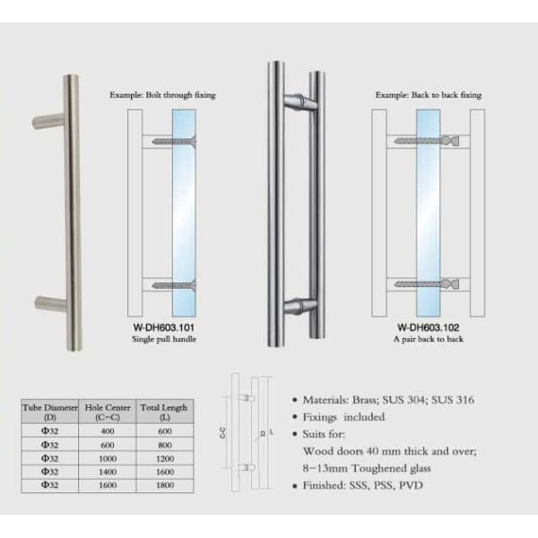 wooden door handles Stainless Steel entry door handles set Dia. 32mm tub H design W-DH603 glass door handle