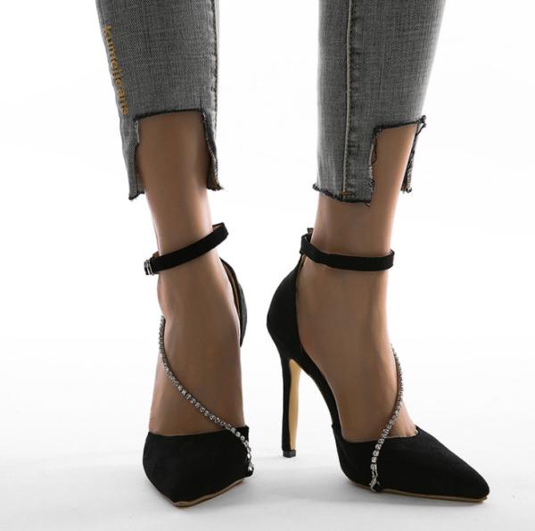Customized OEM Women Pointed Toe Pumps Crystal Glitter Square Buckle