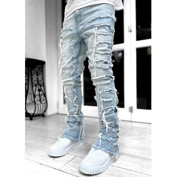 Street Style Men's Boot Cut Light Blue Damaged Tassel Applique Jeans Spandex/Cotton
